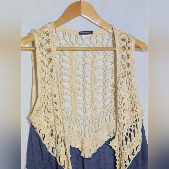 Vivid Importers Of NY L Long Bohemian Crochet Vest with Blue Denim Stripes - Picture 2 of 5